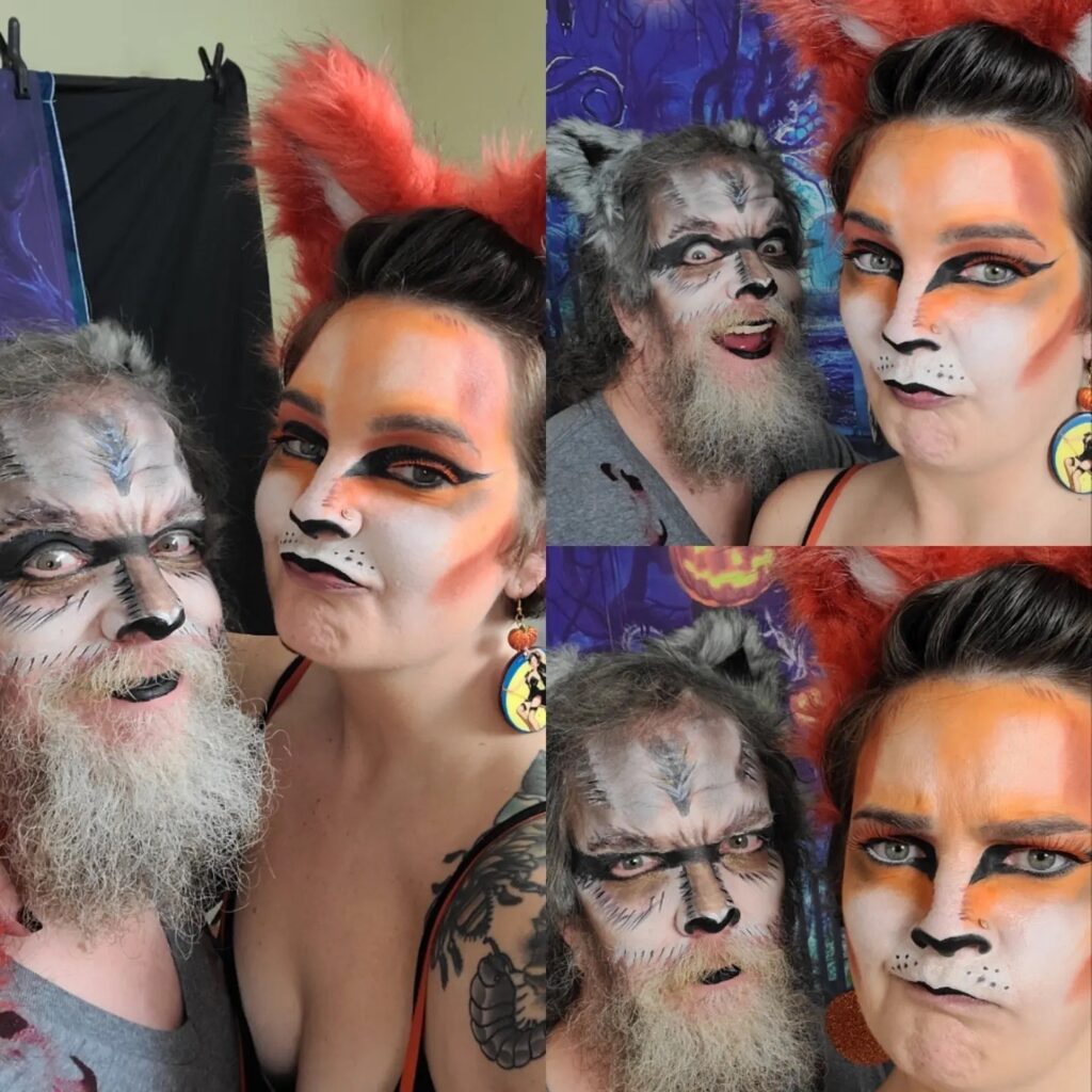 Collage of three images of Courtney and her long-bearded husband, both fair skinned, wearing theatrical cat make-up and making funny faces